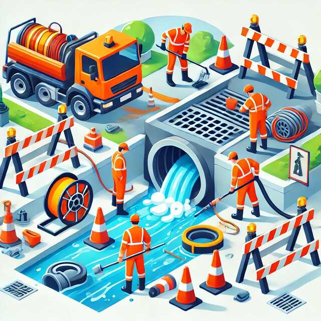 Illustration of drain maintenance work in Allerton Bywater, featuring professionals cleaning and repairing a drainage system.