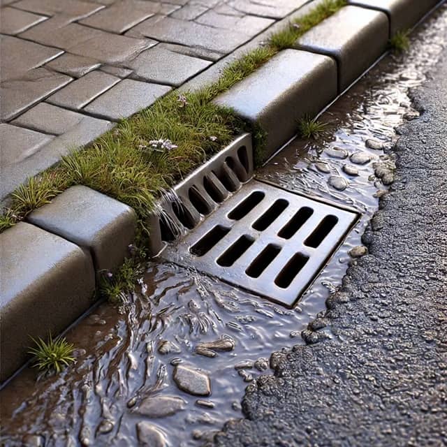 Image of a blocked street drain in Leeds, West Yorkshire, with water pooling near the curb, showcasing drainage issues.