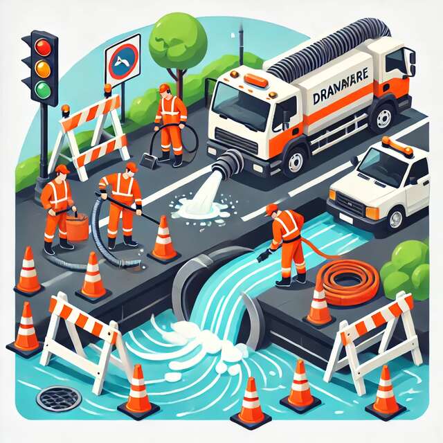 Illustration of blocked drain maintenance work in Guiseley, featuring workers using advanced equipment to clean and repair a drainage system.