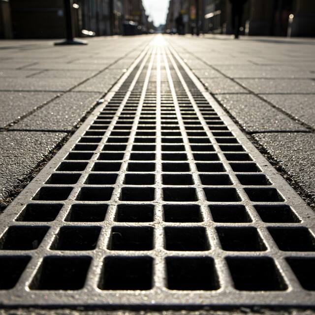 Image of a long metal drainage grate in Guiseley, highlighting potential blocked drain issues on a paved walkway