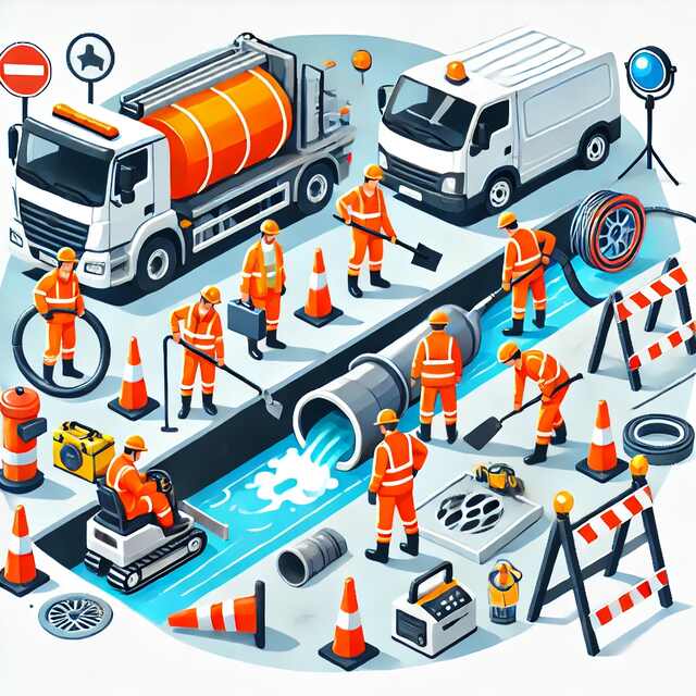 Illustration of blocked drain maintenance work in Horsforth, featuring workers cleaning and repairing a drainage system