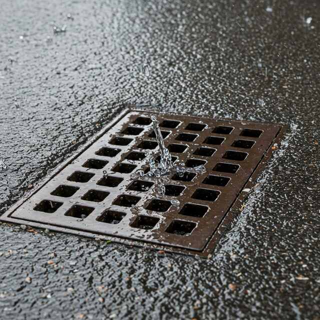 Image of a blocked drain in Horsforth with rainwater splashing, highlighting potential drainage issues.