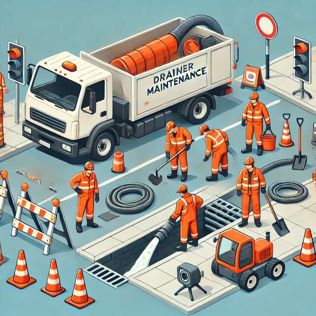 Illustration of blocked drain maintenance work in Shadwell, featuring workers using professional equipment to clean and repair a drainage system