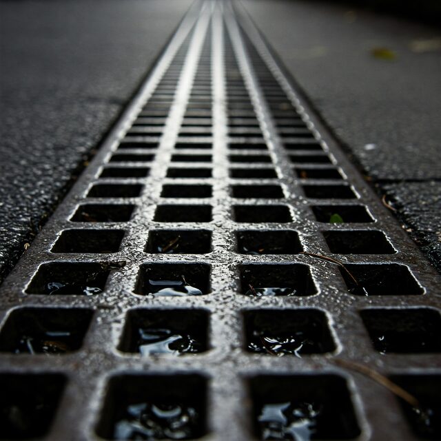 Image of a blocked drain in Shadwell with a long metal drainage grate, highlighting potential drainage issues.