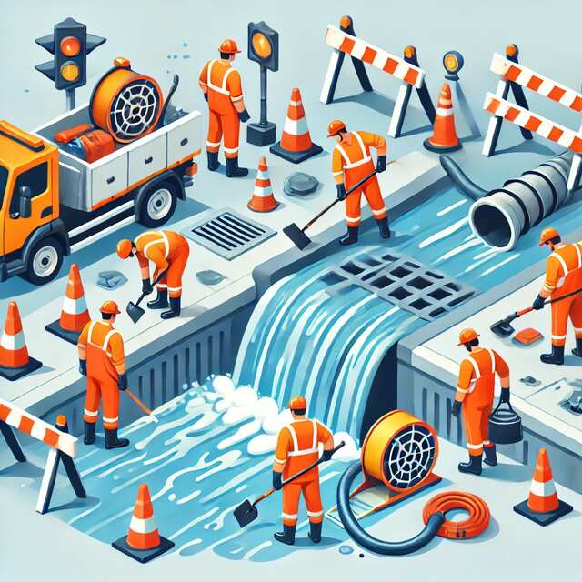 Illustration of blocked drain maintenance work in Tingley, showing workers clearing and repairing a drainage system with water overflow.