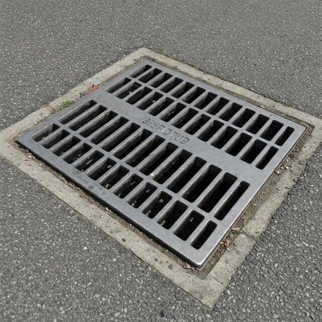 Image of a blocked drain in Tingley, featuring a metal drainage grate on a paved road, indicating potential drainage issues.