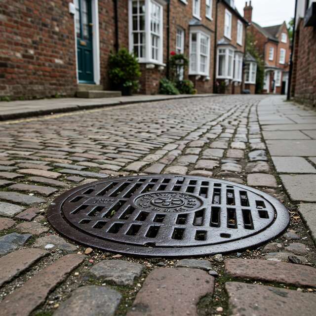 A traditional cobblestone street with a manhole cover, representing professional blocked drain services in the area.