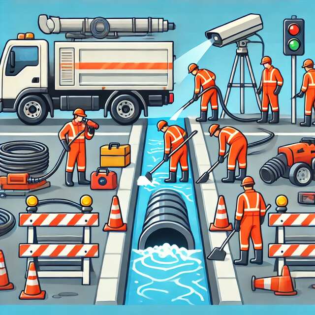 Illustration of blocked drain maintenance work in Clifford, featuring workers using advanced equipment to clean and repair a drainage system