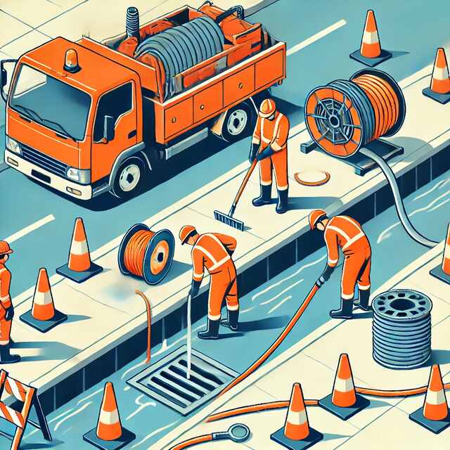 Illustration of blocked drain maintenance work in Gildersome, featuring workers using professional equipment to clean and repair a drainage system