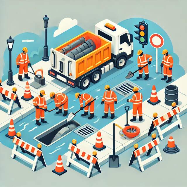 Illustration of drainage workers clearing a blocked drain in Middleton, ensuring efficient water flow and preventing flooding.