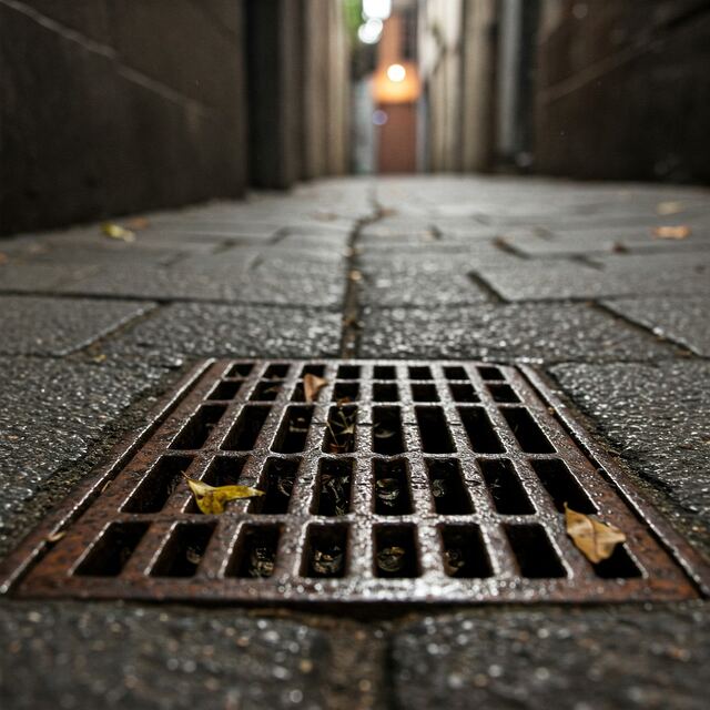 Image of a blocked drain in Swillington with a metal drainage grate in a wet alleyway, highlighting potential drainage issues.