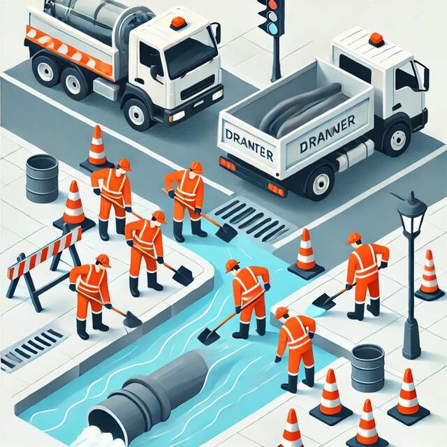 Illustration of workers in safety gear cleaning a blocked drain with specialized equipment and trucks, highlighting professional drainage solutions.