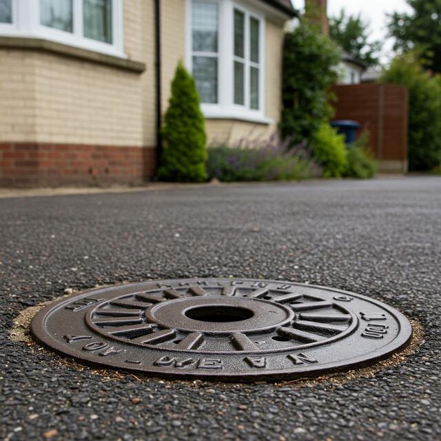 A close-up of a drain cover outside a residential home in Wetherby, representing expert drain unblocking services for blocked drains.