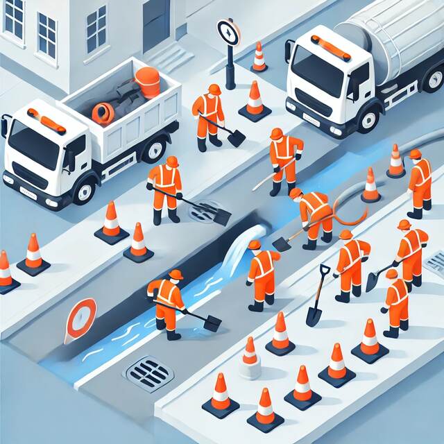 Illustration of professional workers performing blocked drain maintenance with specialized equipment, ensuring clean and functional drainage systems.