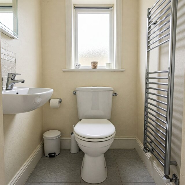 A compact bathroom in Wothersome with a white toilet, sink, and towel rail, emphasizing professional blocked drain services for residential properties.