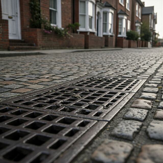 Street-level view of a drainage grate on a cobbled road in Wothersome, highlighting expert blocked drain solutions for residential areas.