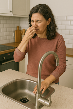 person holding their nose because of bad smells in kitchen
